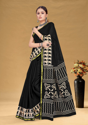 Divastri Blocked Printed, Printed Chanderi Cotton Blend Saree(Black)