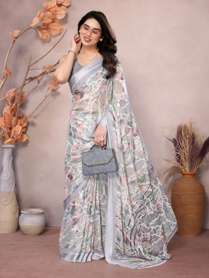 ROOP SUNDARI SAREES Floral Print Daily Wear Silk Blend Saree(Grey)