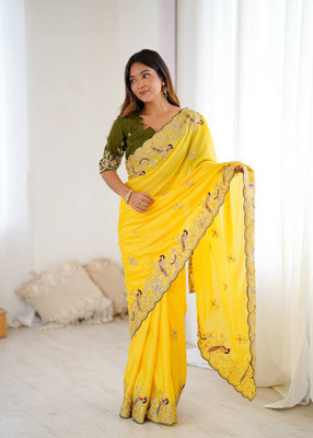 GREENA CREATION Embroidered, Woven, Self Design, Embellished Bollywood Silk Blend Saree(Yellow)