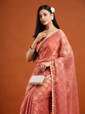 LOROFY Embellished Bollywood Organza, Silk Blend Saree(Orange)