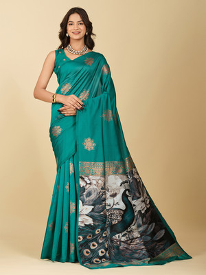 PRIMENIKS Woven, Printed, Digital Print Banarasi Pure Silk, Satin Saree(Light Green)