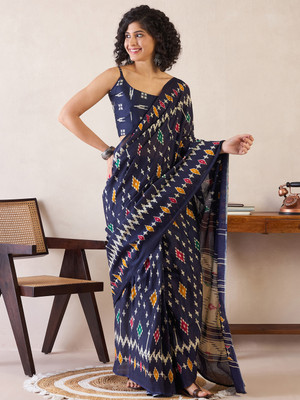 Divastri Printed Ikkat Cotton Blend Saree(Dark Blue)