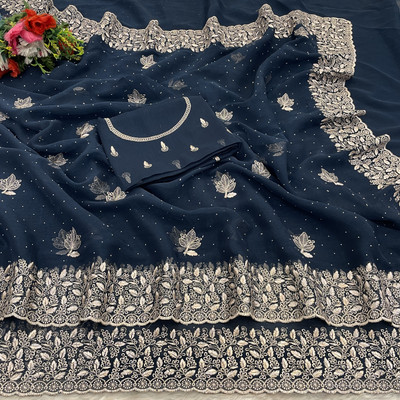 ZOYAL ENTERPRISE Embellished Bollywood Organza Saree(Dark Blue)