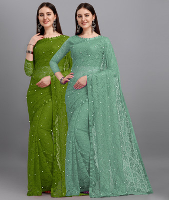 LOROFY Self Design Bollywood Net, Brasso Saree(Pack of 2, Multicolor)
