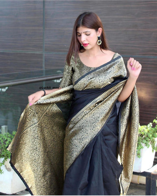 Bhakti Creative Solid/Plain Banarasi Silk Blend Saree(Black, Gold)