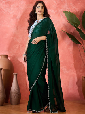 manvaa Embellished Banarasi Satin Saree(Green)
