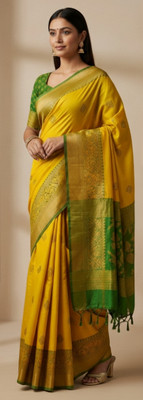 sarees Woven Kanjivaram Silk Blend Saree(Yellow, Mustard)