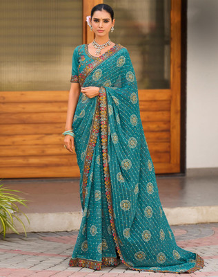 Tasrika Printed, Embroidered, Embellished Bandhani Chiffon, Georgette Saree(Blue)