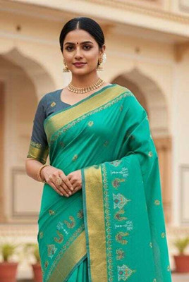 LIMRA Embroidered Handloom Cotton Blend Saree(Light Blue)