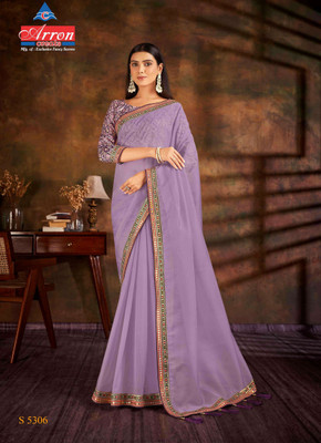 ArronCreats Solid/Plain, Striped Bollywood Organza Saree(Purple)