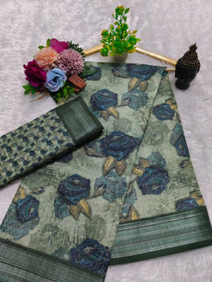 PRTRENDZ Printed Kanjivaram Pure Cotton, Cotton Linen Saree(Multicolor)
