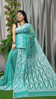 binita Self Design Jamdani Cotton Silk Saree(Blue)