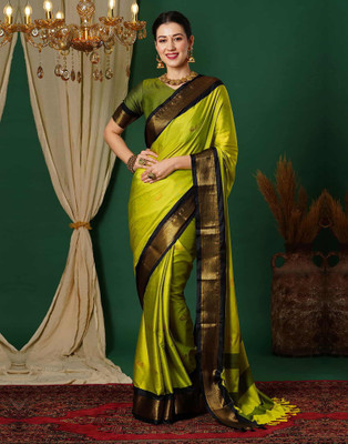 HouseOfCommon Woven, Checkered, Embellished, Self Design Patola Jacquard, Cotton Silk Saree(Light Green, Black, Gold)