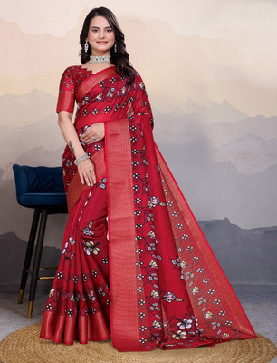Divastri Embellished, Printed Bollywood Silk Blend, Art Silk Saree(Red)