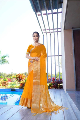 sundari textiles Solid/Plain Banarasi Handloom Organza Saree(Blue)