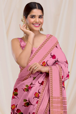 DNKAFASHION Printed, Floral Print Daily Wear Tussar Silk Saree(Pink)