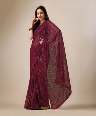 Clemira Embroidered, Embellished Bollywood Georgette Saree(Maroon)