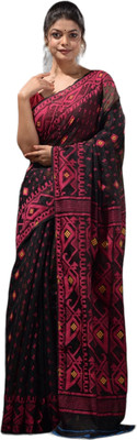 basak creation Woven Jamdani Cotton Blend Saree(Black)