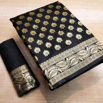 Amrut Collection Printed Banarasi Silk Blend Saree(Black)