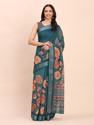 Tasrika Digital Print Kantha Cotton Linen Saree(Green)