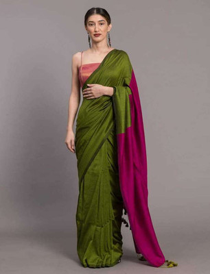 pal saree mahal Solid/Plain Handloom Pure Cotton Saree(Green, Pink)