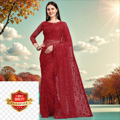 Online Bazaaar Embellished Bollywood Net Saree(Maroon)