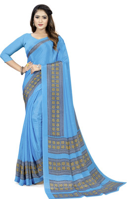 Bansi Ecom Printed, Temple Border Daily Wear Crepe, Silk Blend Saree(Blue)