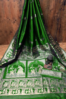 Vomira Woven Baluchari Pure Silk, Art Silk Saree(Green)