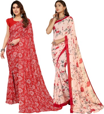 Anand Sarees Floral Print, Polka Print, Ombre, Printed Bollywood Georgette Saree(Pack of 2, Pink, Red)