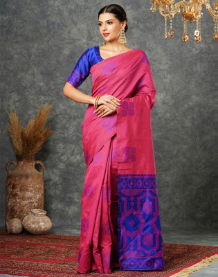Samah Woven, Embellished Banarasi Silk Blend, Jacquard Saree(Pink, Dark Blue)
