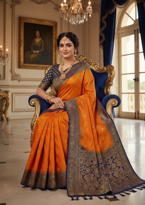 VeloraFabrics Blocked Printed, Self Design Bollywood Silk Blend Saree(Dark Blue, Orange)
