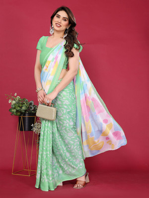 ANOUK Printed Saree with Attached Blouse Chiffon Saree(Green)