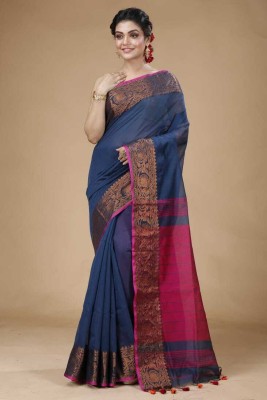 DHRITI Woven Handloom Cotton Silk Saree(Dark Blue, Pink)