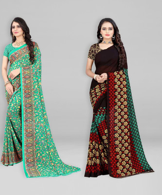 Leelavati Printed Daily Wear Georgette Saree(Pack of 2, Green, Black)