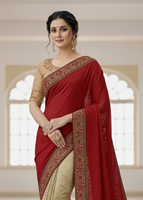 Anugrah Textile Embroidered Banarasi Lycra Blend, Chiffon Saree(Cream, Red)