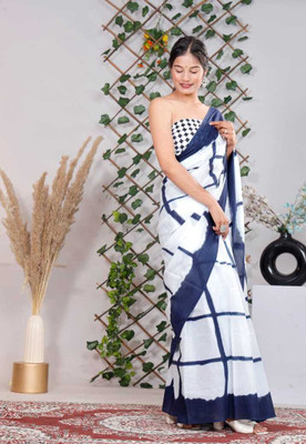 Om Traders Printed Saree with Attached Blouse Cotton Silk Saree(Dark Blue, White)
