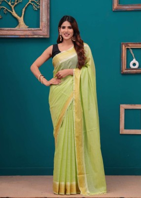 WRADAH Woven Chanderi Cotton Silk Saree(Dark Green)