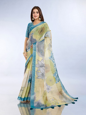 TRINETRA STUDIO Floral Print, Geometric Print, Printed Bollywood Silk Blend Saree(Multicolor)