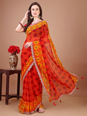 Tasrika Printed Bandhani Georgette Saree(Red)