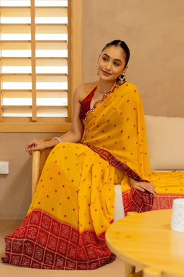 MIRCHI FASHION Printed, Blocked Printed Bandhani Georgette Saree(Yellow)