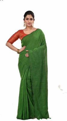 Sampa Das Solid/Plain Handloom Pure Cotton Saree(Green)