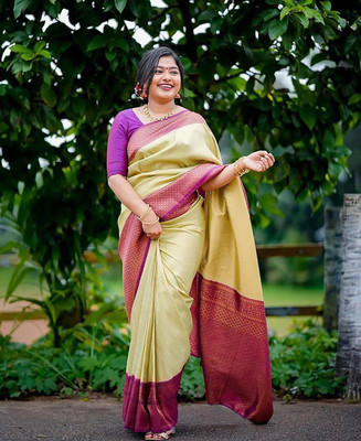 AMRUTKALA SAREES Woven Banarasi Silk Blend Saree(Beige)