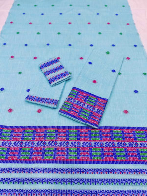 SARITA SILK MILS Woven, Geometric Print, Self Design Mekhela Chador Cotton Blend Saree(Light Green)