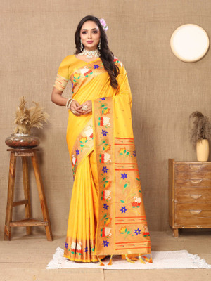 all about you Woven Paithani Silk Blend Saree(Yellow)