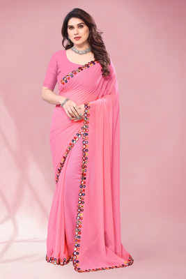 Herink Fashion Solid/Plain Bollywood Georgette Saree(Pink)