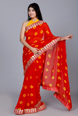 KAKADIYA CREATION Self Design, Hand Painted, Digital Print, Color Block, Checkered Bandhani Chiffon Saree(Red)