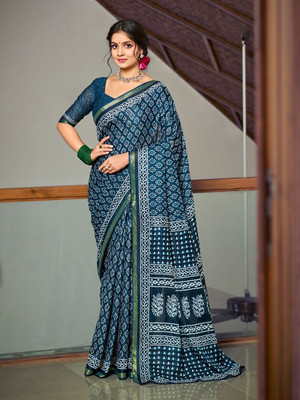 all about you Printed Daily Wear Silk Blend Saree(Blue)