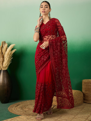 manvaa Embellished Daily Wear Net Saree(Maroon)