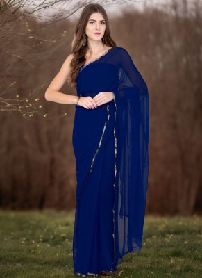 Clafoutis Solid/Plain Daily Wear Chiffon Saree(Dark Blue)