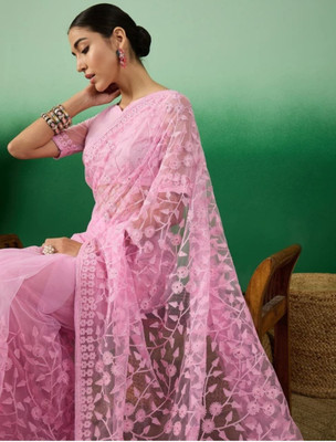 Vijay Fashion Floral Print, Embroidered Bollywood Net Saree(Pink)